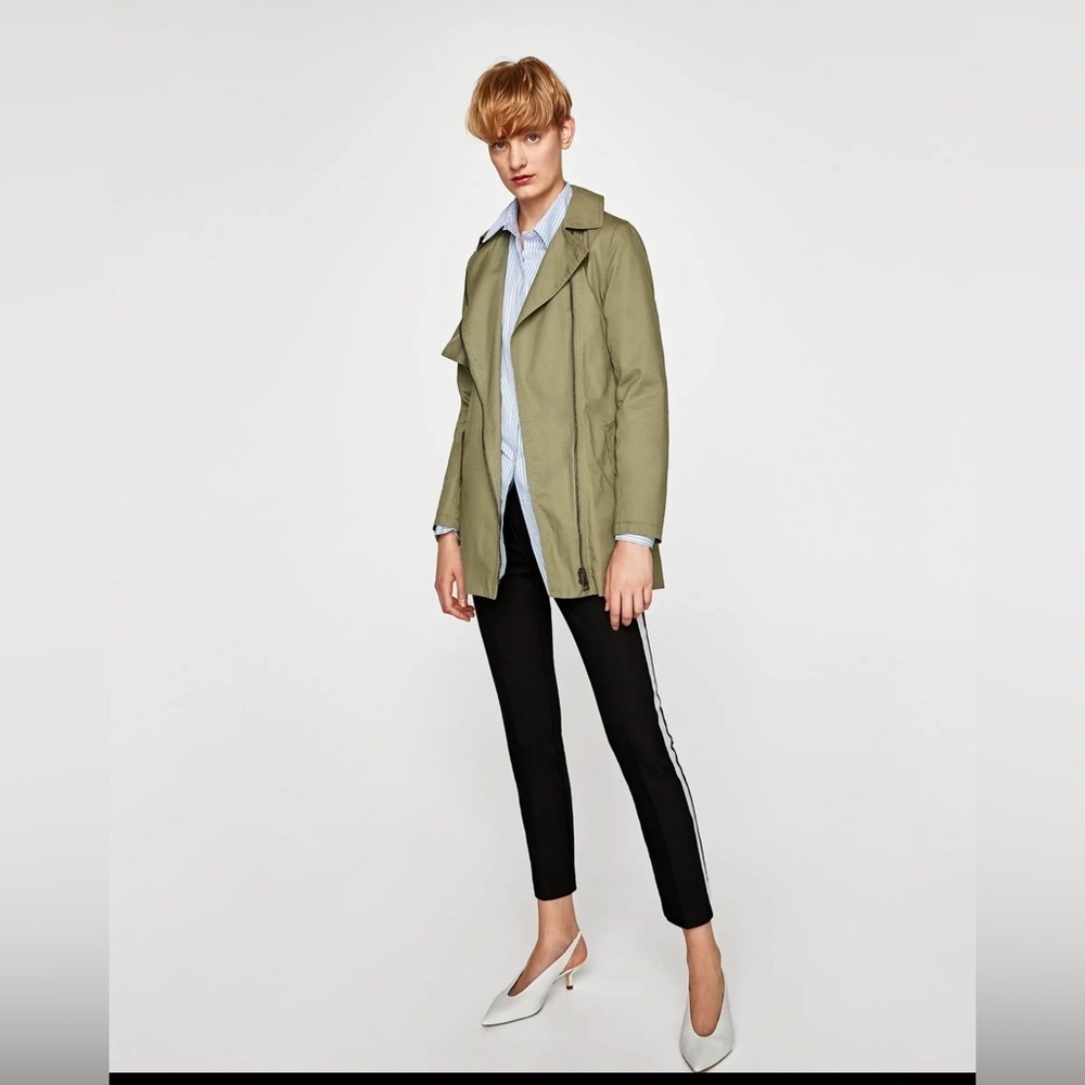 Zara Trench Utility Coat Jacket Olive Green Size M